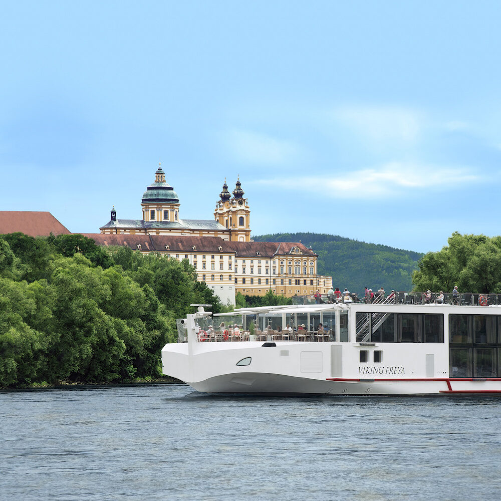 The Viking Longship Freya near the town of Melk on the Danube River.