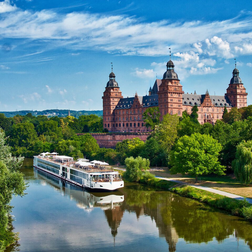The Viking Longship Lif on the River Main near the Schloss Johannisburg, city of Aschaffenburg, Bavaria, Germany.